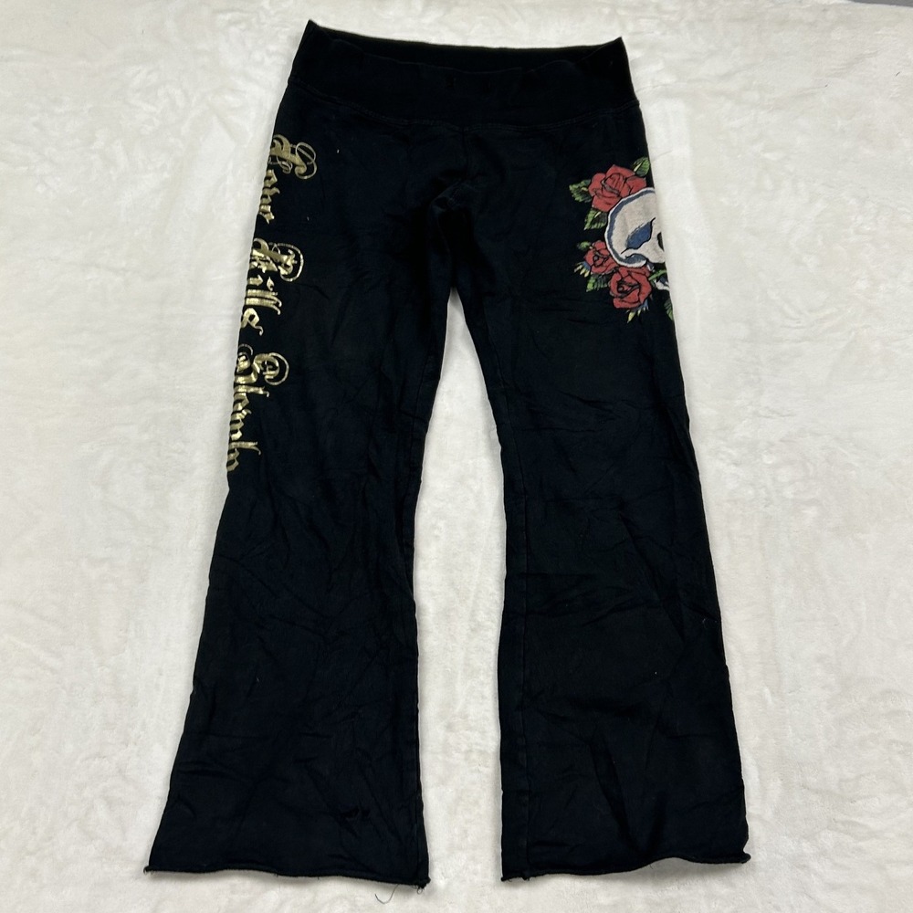 Ed Hardy Flare Lounge Pants Womens Small Black Skull Roses Gold Graphic Y2K